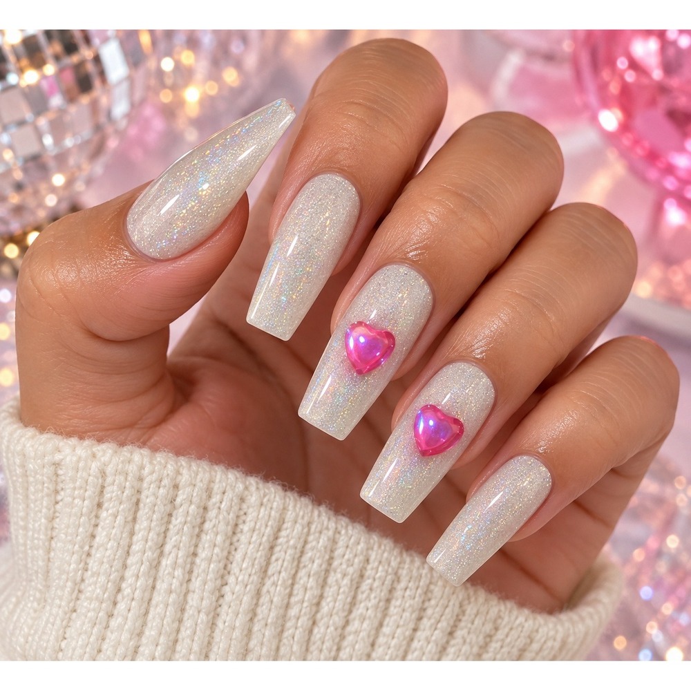 Buffi Party Bejeweled Press-On Nails White Holographic Glitter Pink Hearts 30ct